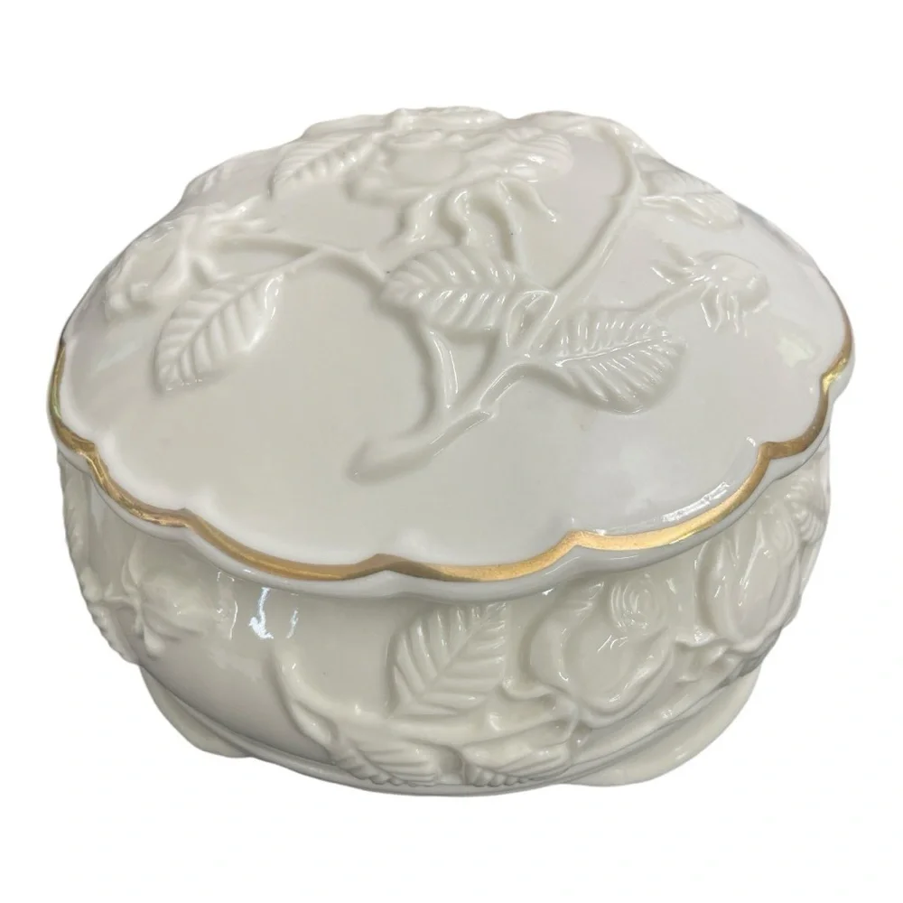 Bisque Porcelain Raised Rose Pattern Gold Trimmed Storage Box Footed